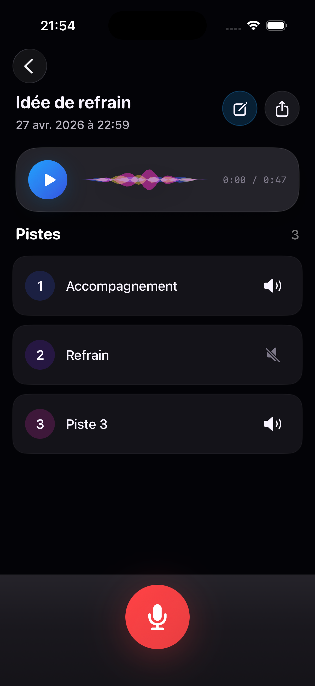 Écran de mémo audio dans Musilab